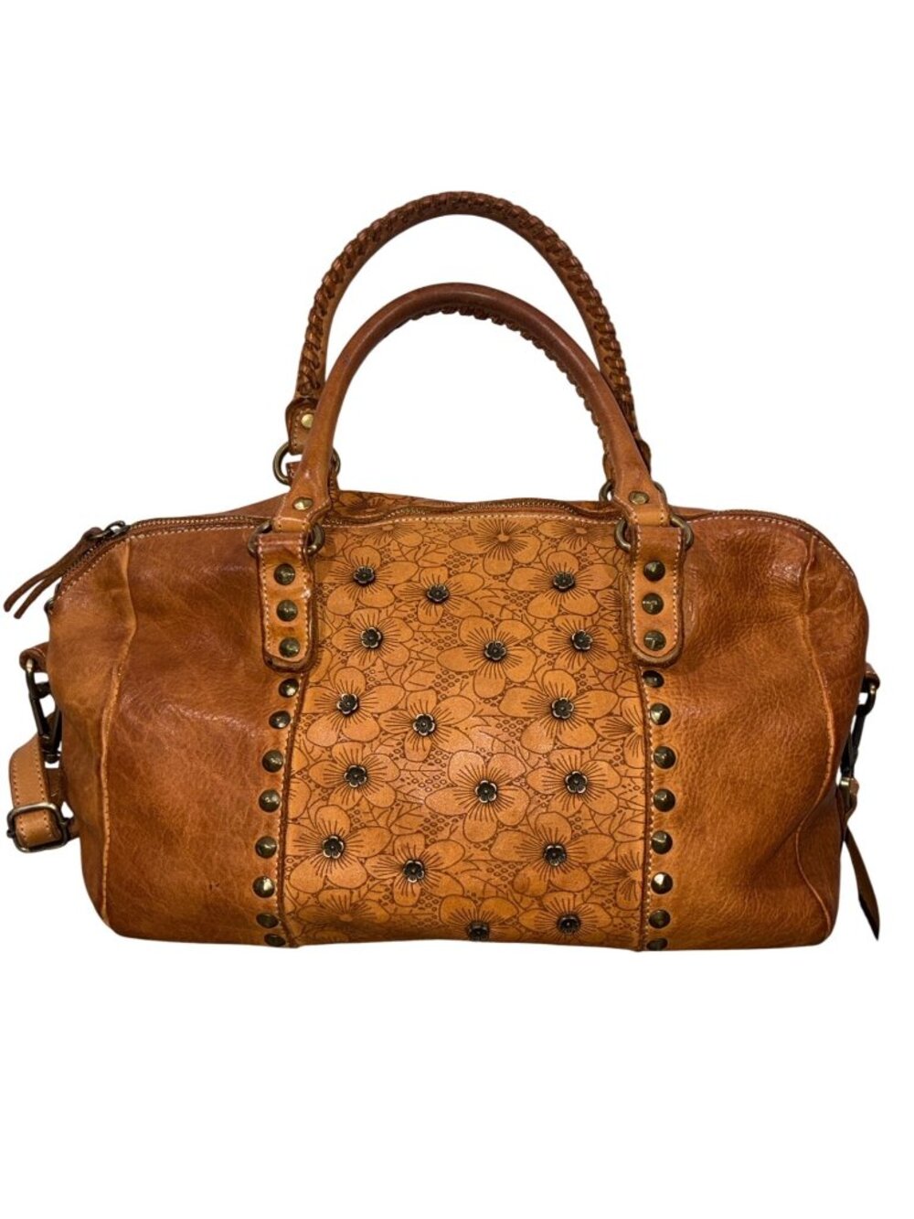 Sundance Leather Floral tooled & Studded Satchel Bag Braided Handles